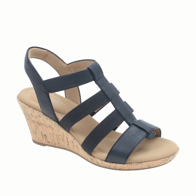 Rockport Blanca Elastic T-Bar Women Wedge Sandals Black Singapore | DE4-59885