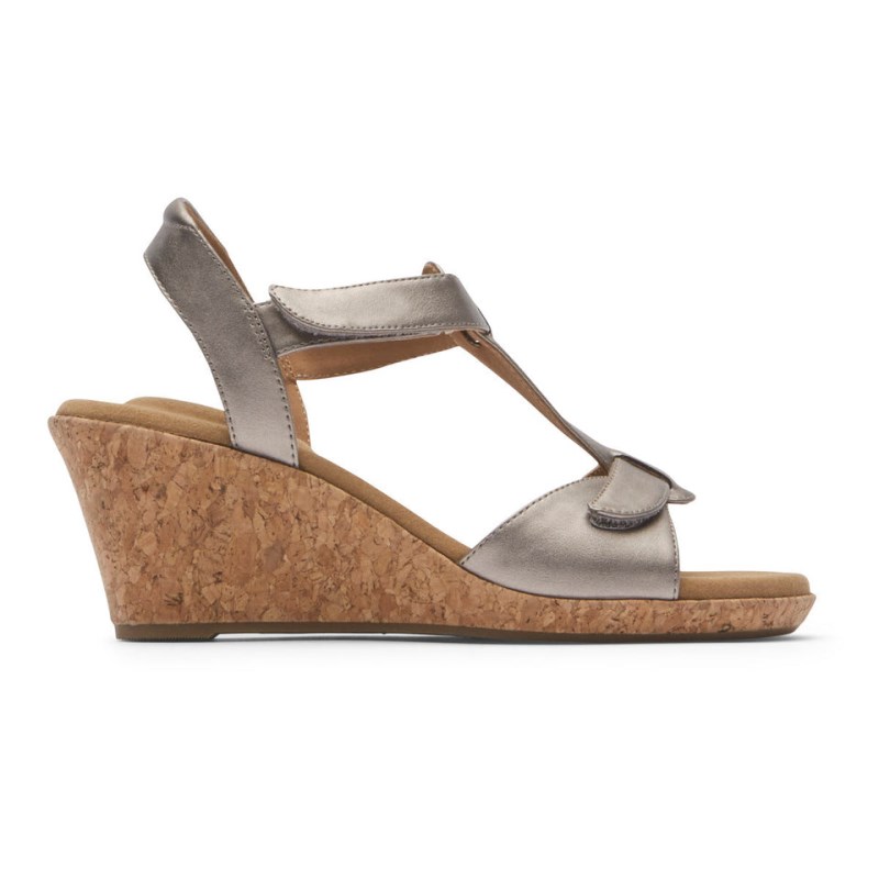 Rockport Blanca T-Strap Women Wedge Sandals Grey Singapore | JW9-88278